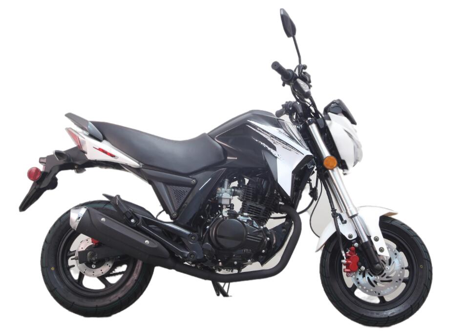 A black and white motorcycle on a white background