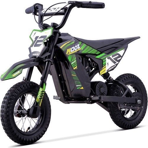 Green and black electric dirt bike with knobby tires, shown on a white background
