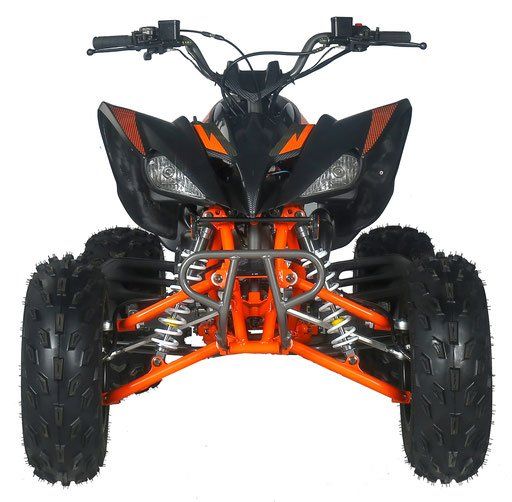 The front of an orange and black atv on a white background.