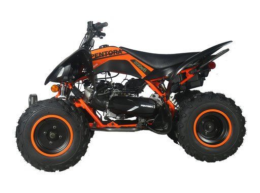 A black and orange atv is on a white background.
