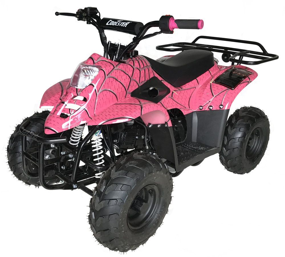 A pink atv with a spider man design on it.