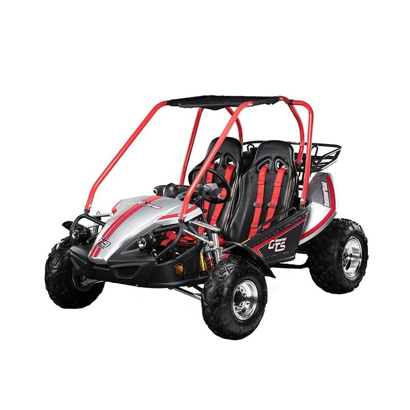 Red and black off-road dune buggy with roll cage, two seats, and large tires on a white background