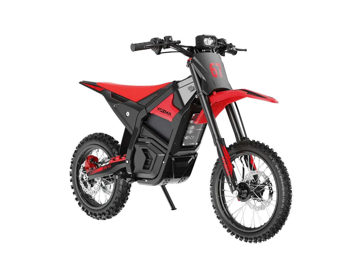 Red and black electric dirt bike on a white background.