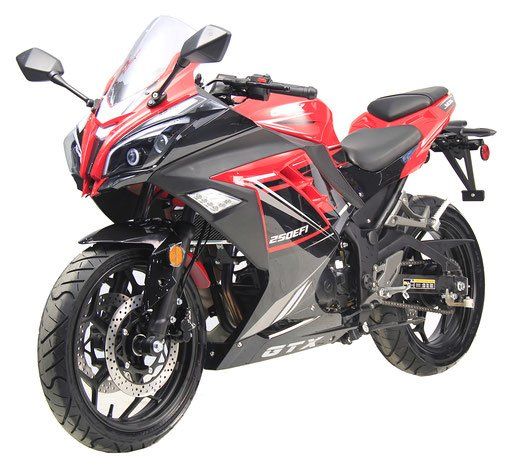 Red and black sport motorcycle on a white background, angled front-left view