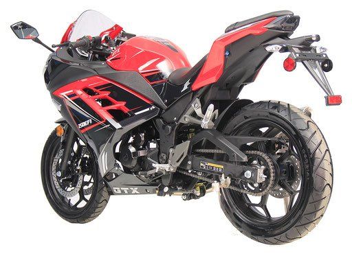 Red and black sport motorcycle viewed from the side on a white background