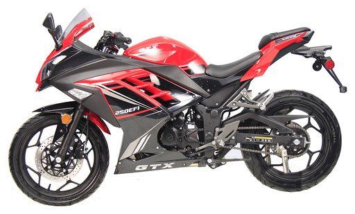 Red and black sport motorcycle in side view on a white background