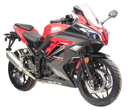 Red and black sport motorcycle on a white background, angled to the side.