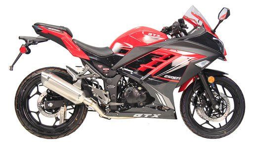 Red and black sport motorcycle in side view, isolated on a white background
