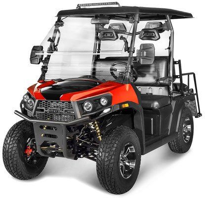 Red and black off-road utility golf cart with roof, two front seats, and rugged tires