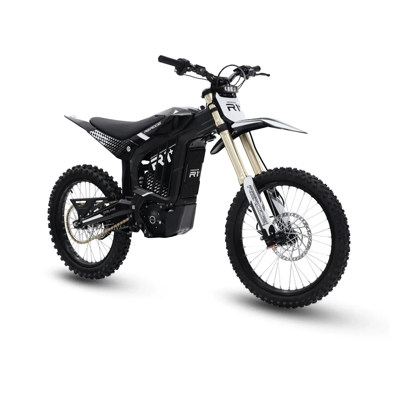 White and black off-road dirt bike in side view on a white background