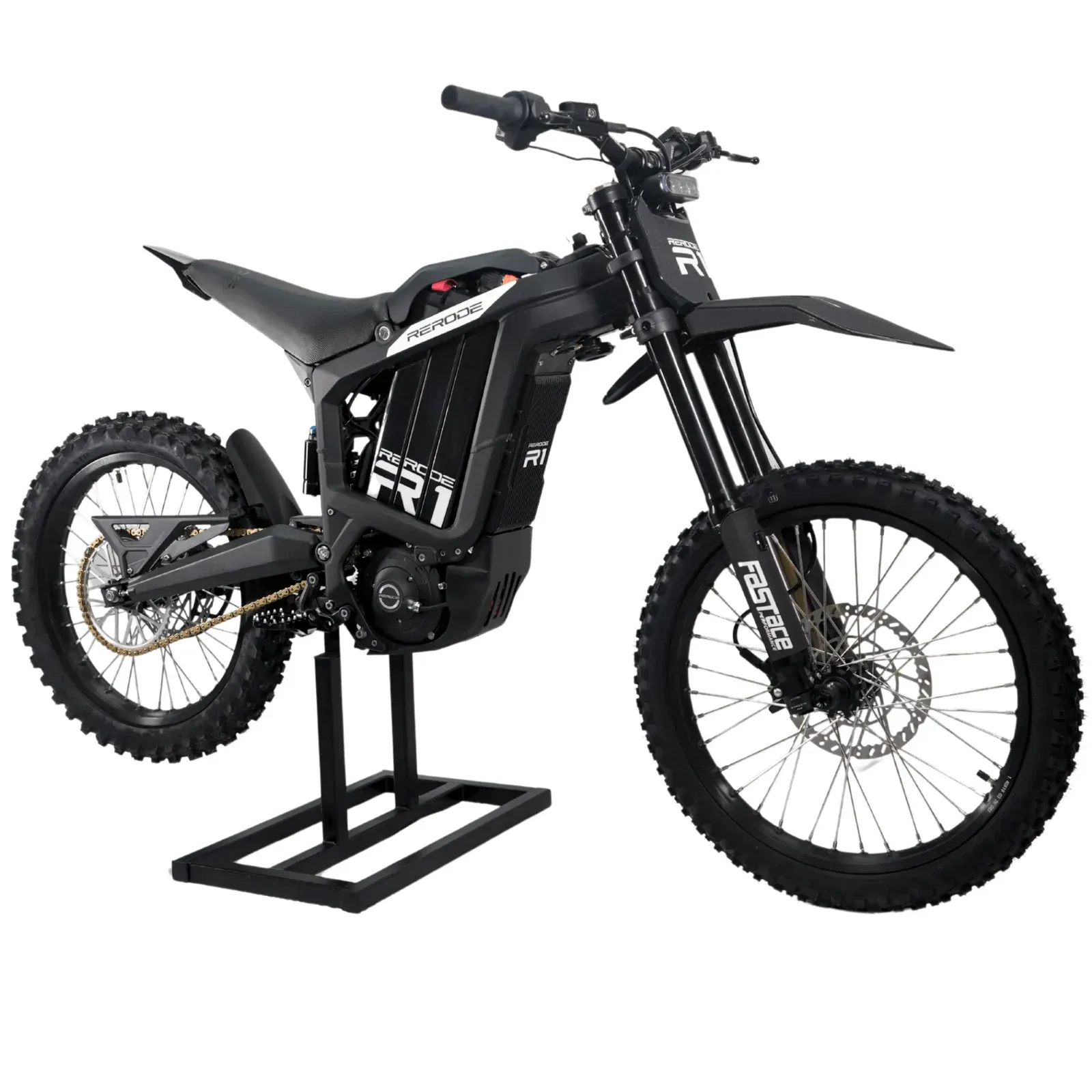 White and black off-road dirt bike in side view on a white background