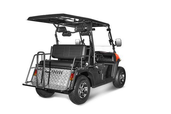 Black four-seat golf cart with roof and windshield, shown on a white background