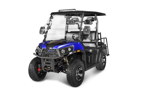 Blue and black four-seat off-road utility vehicle on a white background