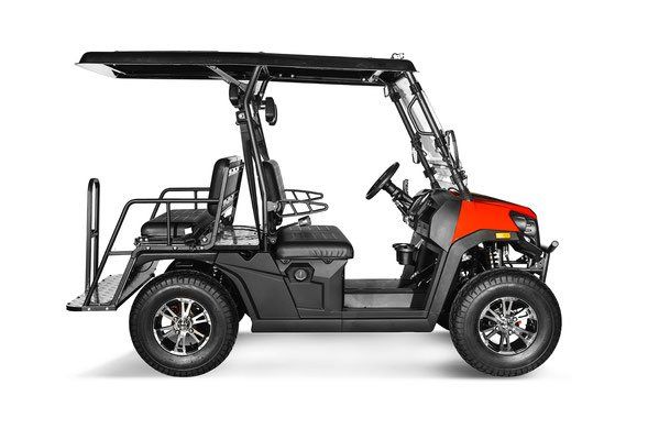Side view of a black and red golf cart with a lifted roof and rear cargo rack on a white background