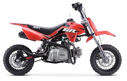 Red and black dirt bike on a white background