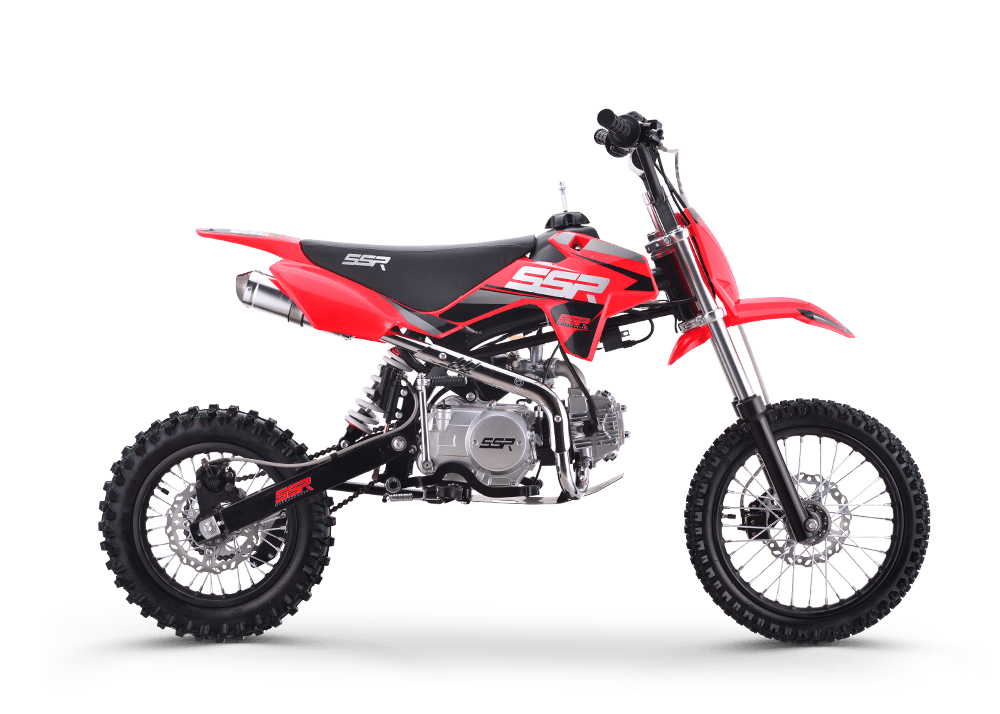 Red dirt bike on a white background, shown in side view.