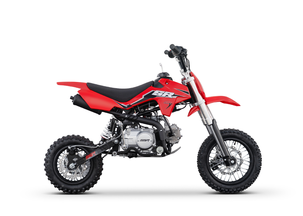 Red mini dirt bike on a white background, side view