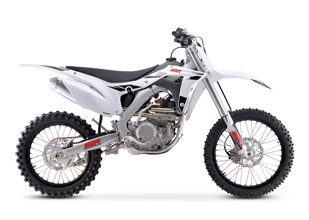 White dirt bike on a white background, side view with knobby tires and silver frame