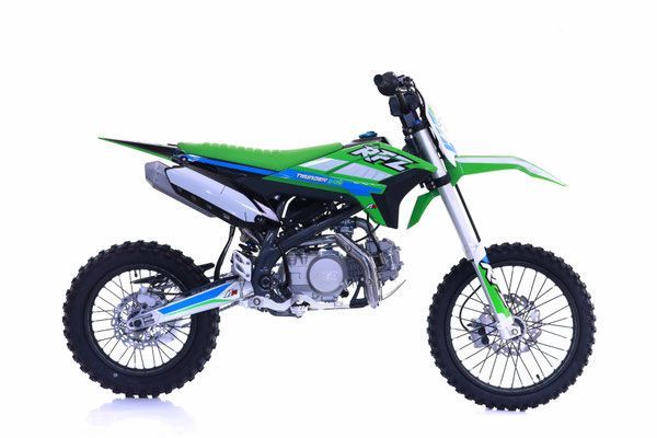 Green and blue dirt bike on a white background