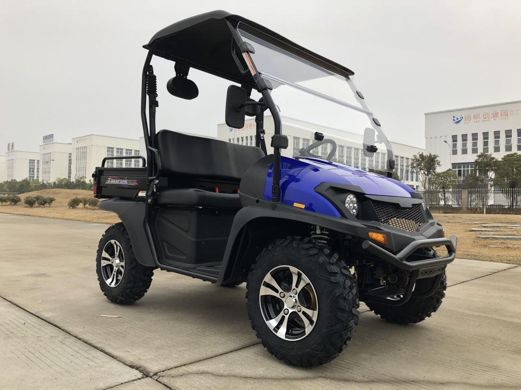 Blue and black off-road utility cart parked on a concrete lot, with a roof and large tires.