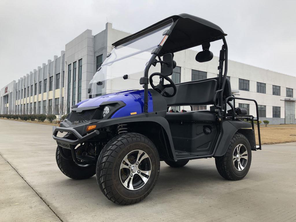 Blue and black electric golf cart parked outside a modern building
