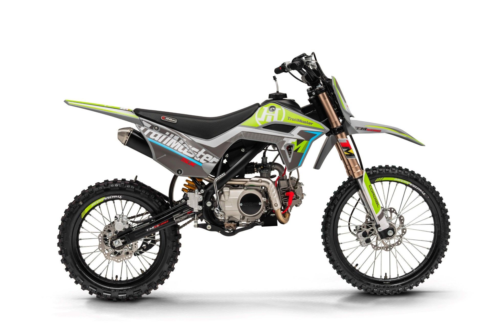 Black and neon green dirt bike on a white background, side view