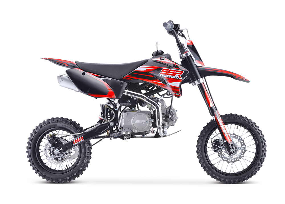 Red and black dirt bike isolated on a white background.