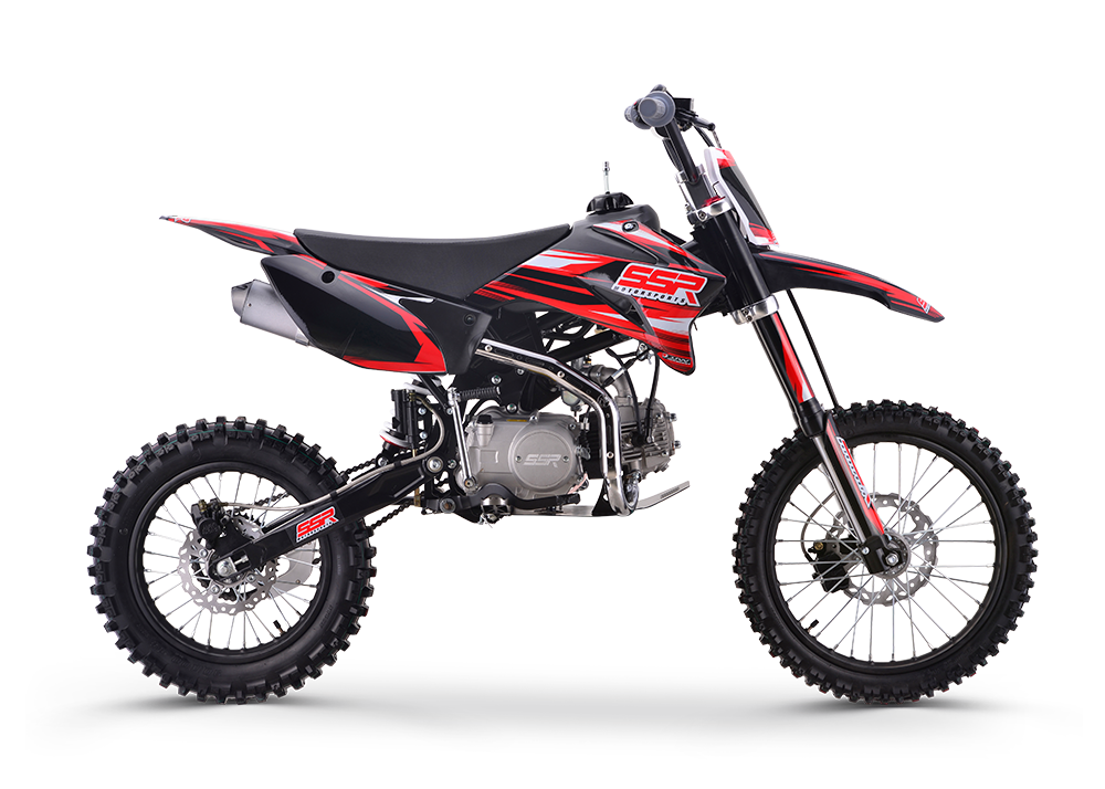 Red and black dirt bike with knobby tires on a white background