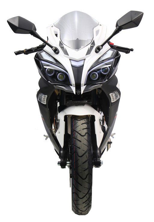 Front-facing white and black sport motorcycle with twin headlights on a white background