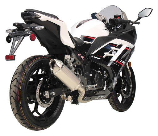 White and black sport motorcycle angled on a plain white background