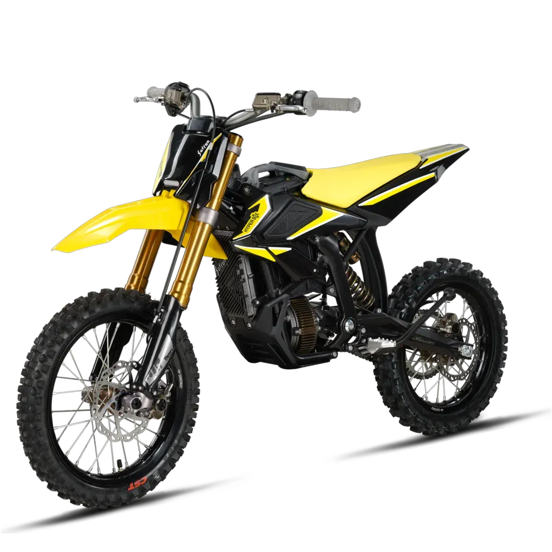 White and black off-road dirt bike in side view on a white background