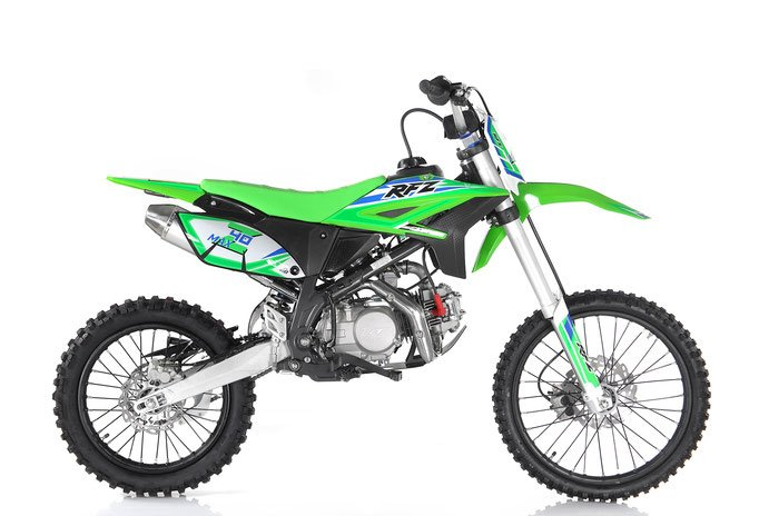 Green dirt bike with black accents on a white background
