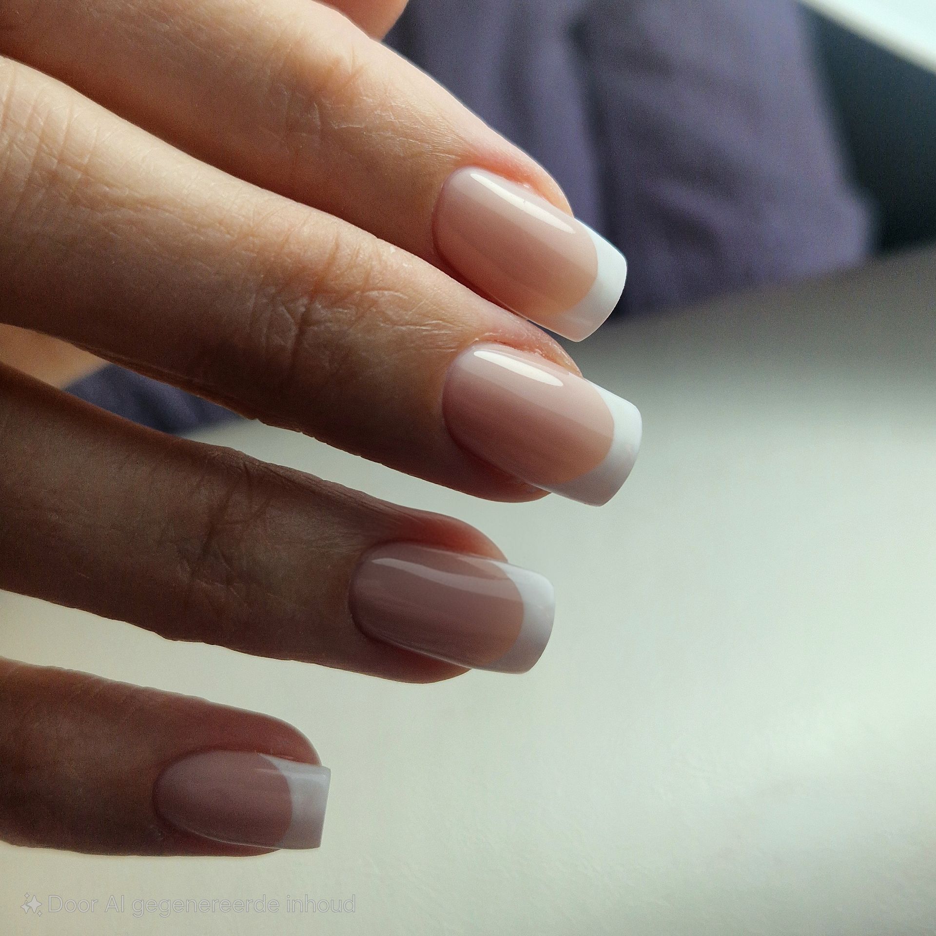 Close-up van een hand met Franse manicure nagels tegen een wazige achtergrond.