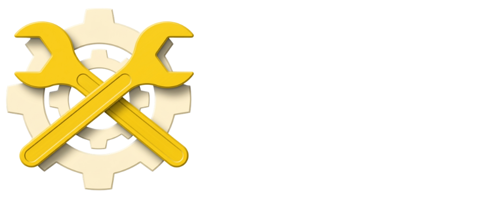 Two crossed yellow wrenches overlaid on a light-colored gear icon.