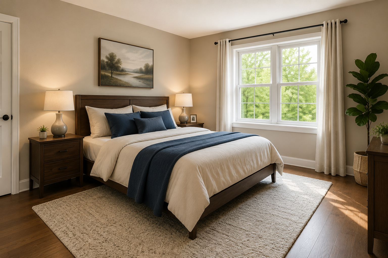 Cozy beige bedroom with a neatly made bed, blue accents, bedside lamps, and sunlight through a large window