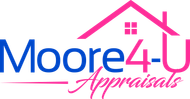 The logo for Moore4u Appraisals has a house with a pink roof.