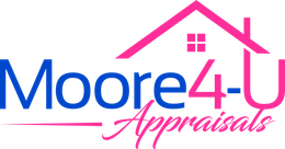The logo for Moore4u Appraisals has a house with a pink roof.