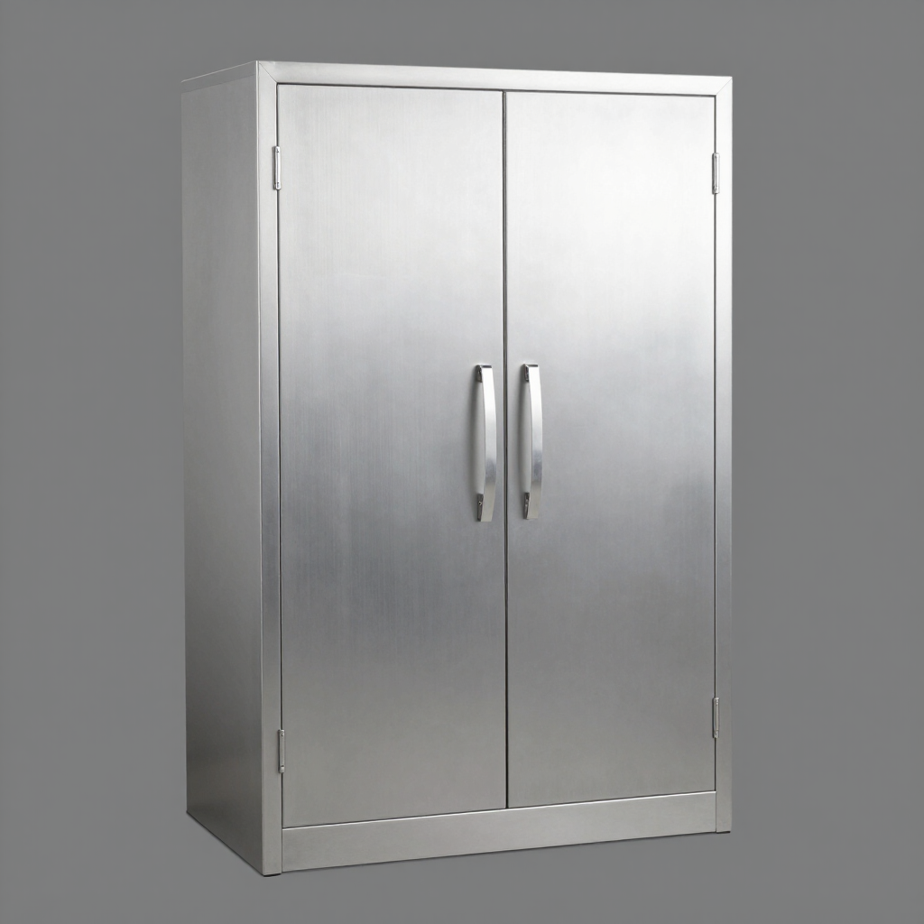 Armario de almacenamiento de acero inoxidable con puertas dobles y tiradores verticales sobre fondo gris.