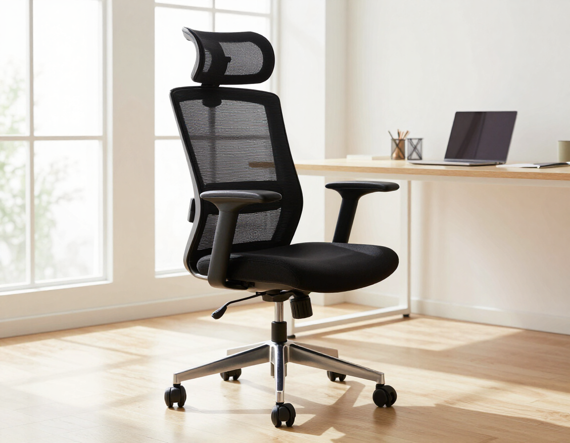 Silla de oficina ergonómica negra en un luminoso despacho doméstico junto a un escritorio de madera y un ordenador portátil.