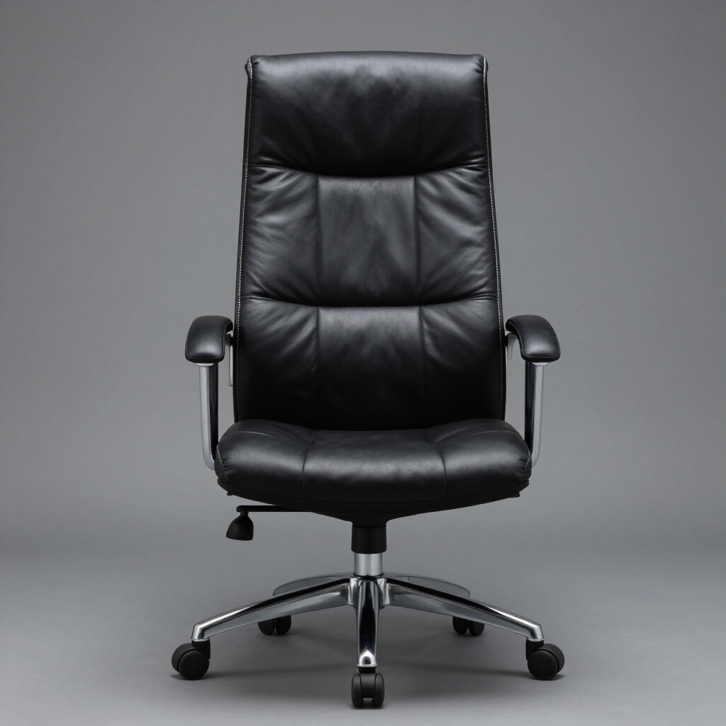 Silla de oficina de cuero negro con base cromada sobre fondo gris.