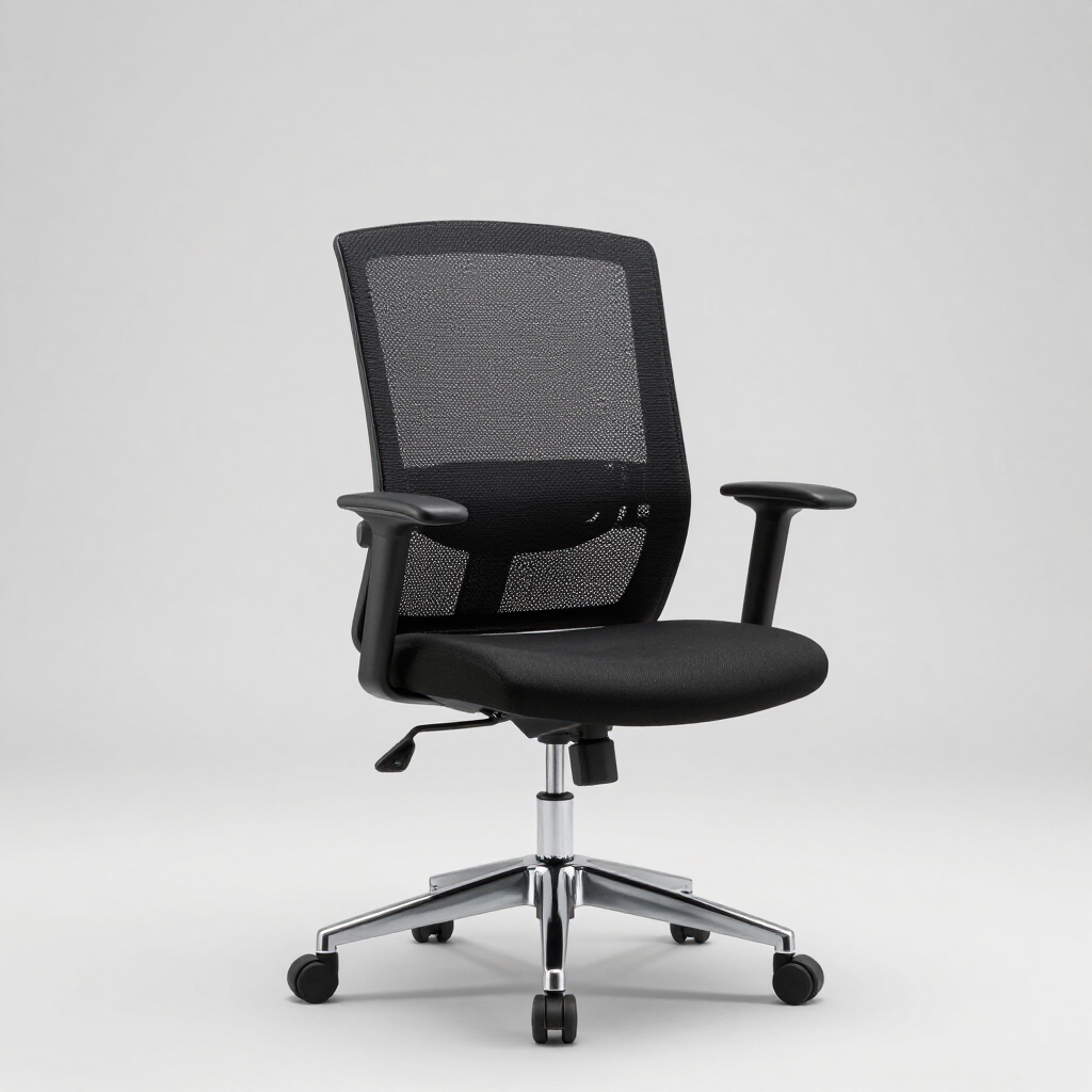 Silla de oficina de malla negra con reposabrazos y base cromada sobre un fondo gris claro.