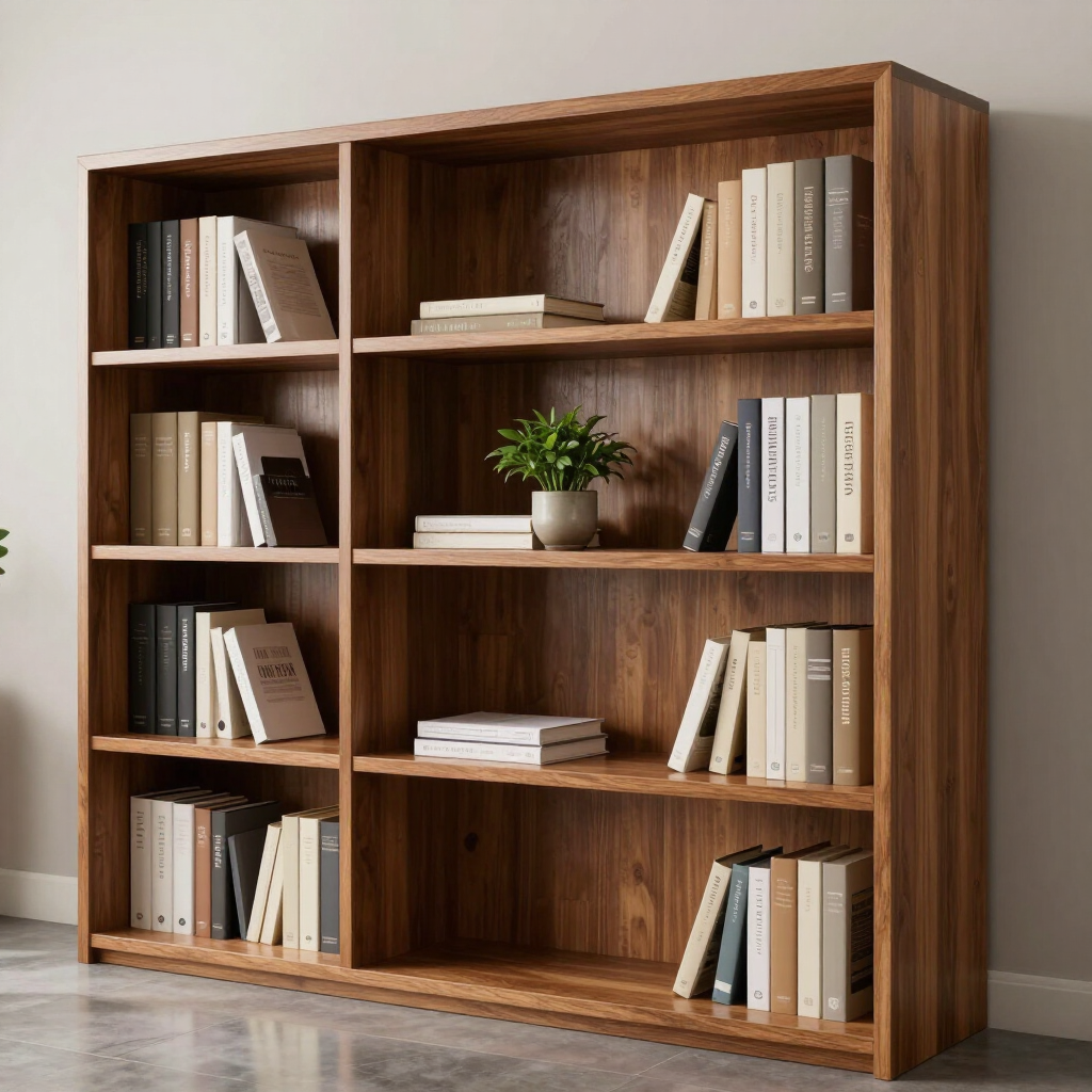 Estantería de madera con libros y una pequeña planta en maceta en una habitación luminosa.
