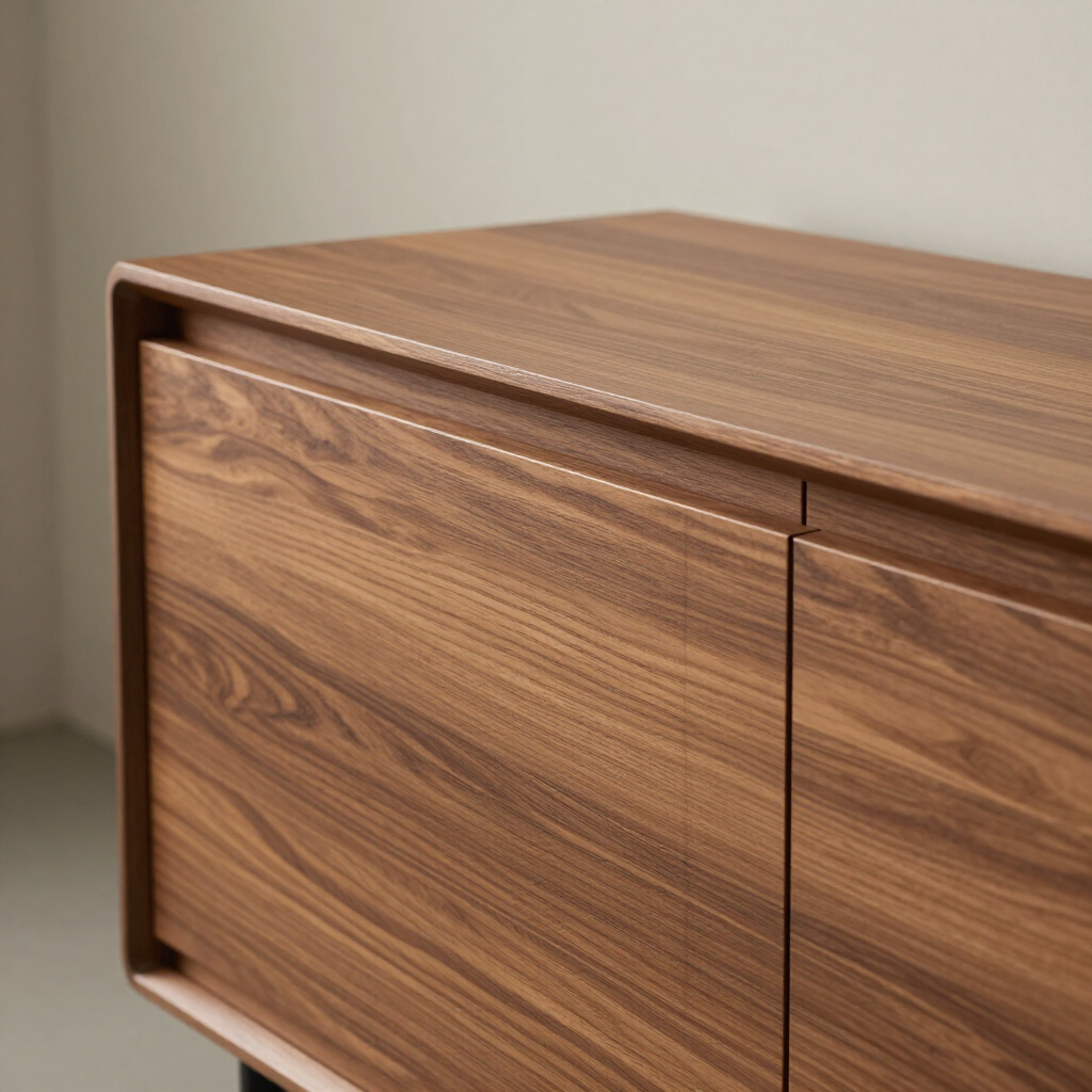 Armario de madera con vetas de madera y un elegante frontal curvado en una habitación minimalista.