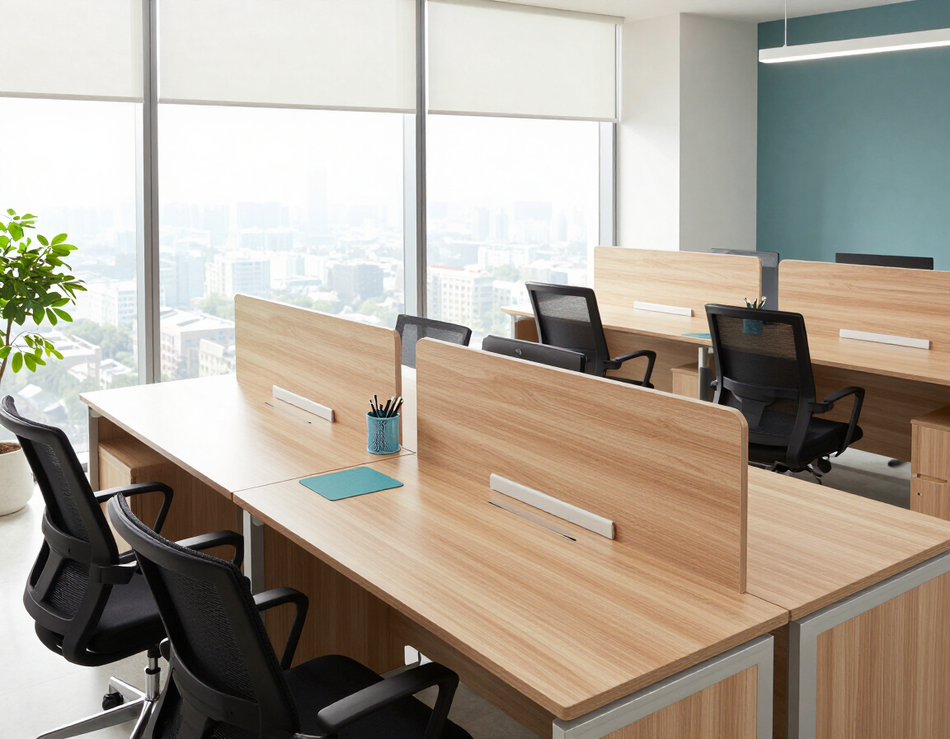 Oficina moderna de planta abierta con escritorios de madera, sillas negras y grandes ventanales con vistas a la ciudad.