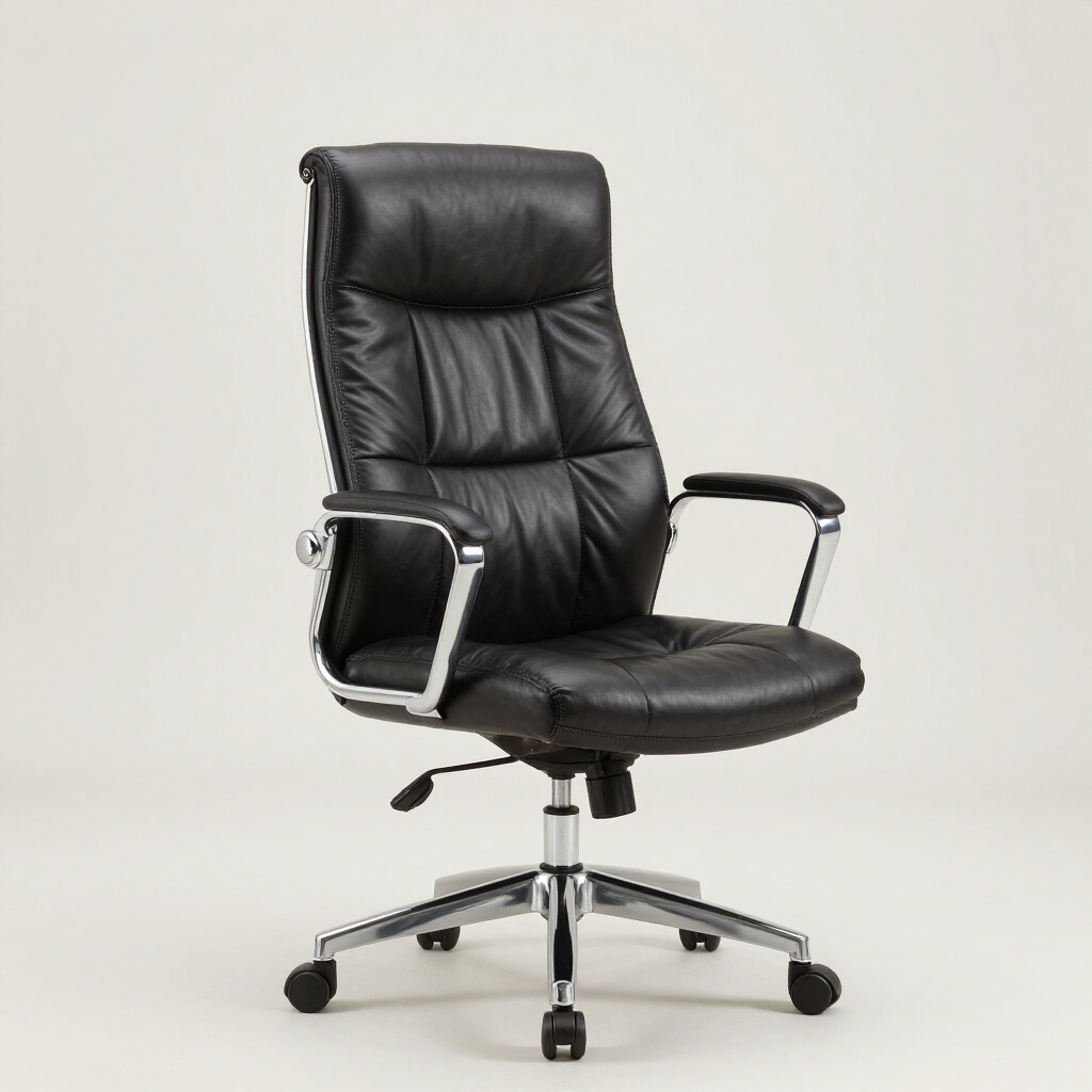 Silla de oficina de cuero negro con brazos cromados y base de cinco ruedas sobre un fondo claro.