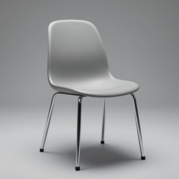 Silla moderna de plástico moldeado gris con patas cromadas sobre un fondo gris liso.