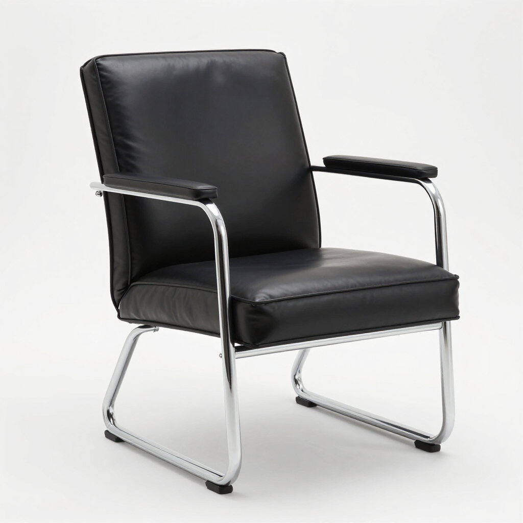 Silla de oficina de cuero negro con brazos cromados y base de patín sobre fondo blanco.