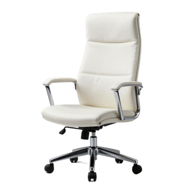 Silla de oficina blanca de respaldo alto con brazos cromados y base de cinco ruedas sobre fondo gris claro.