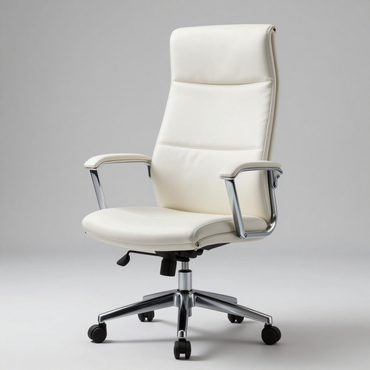 Silla de oficina blanca de respaldo alto con brazos cromados y base de cinco ruedas sobre fondo gris claro.