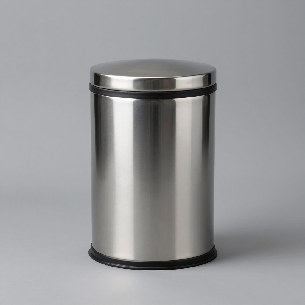Cubo de basura de acero inoxidable con tapa cerrada sobre fondo gris.